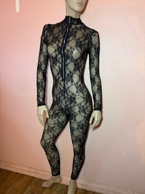 Fashion Nova Black Lace Bodysuit Jumpsuit | Sheer Rave Festival Outfit EDC